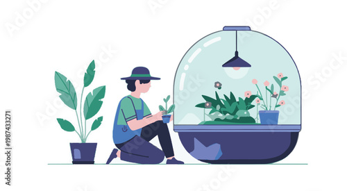 Person tending plants inside a futuristic terrarium