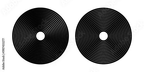 Black vinyl disc icons. Turntable LP or long play music records isolated on white background. DJ equipment for club techno party. 70s 80s 90d discotheque nostalgia design. Vector graphic illustration.