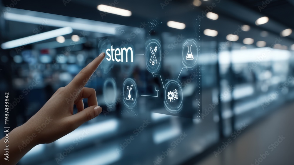 Fototapeta premium A hand touches the word stem on a screen surrounded by technology and education icons with data flowing in the background