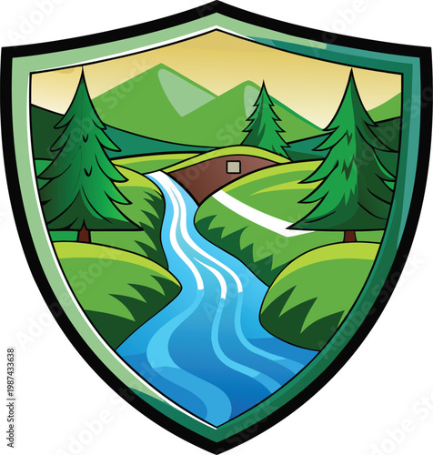 Shield Emblem with Mountain River and Forest Landscape for Water Conservation Strategies Isolated on Transparent Background and Eco-Conscious Environmental Awareness Content