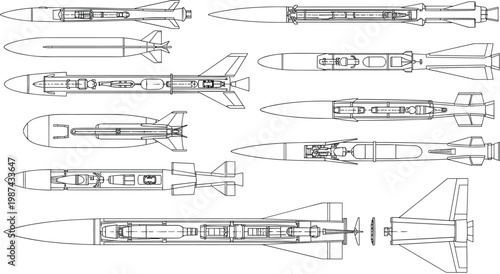 Missile and rocket blueprint collection with technical cutaway views and schematics, detailed vector illustration set for military, aerospace engineering and defense technology design