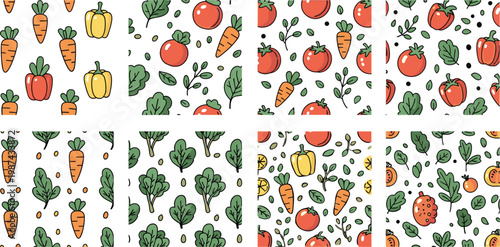 Colorful Hand Drawn Seamless Pattern Set With Fresh Vegetables Including Carrots Tomatoes Peppers And Green Leafy Plants On White Background