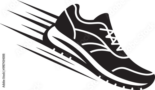 Dynamic black and white of a single running shoe in motion with prominent speed lines keywords
