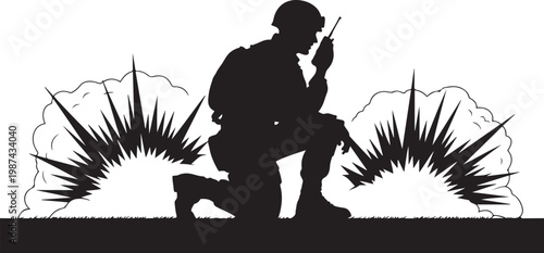 Silhouette of a kneeling soldier communicating via radio amidst explosive bursts and smoke keywords
