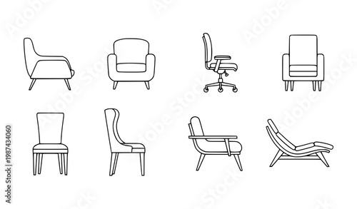 Geometric chair outline icon collection modern classic seating editable stroke vector illustration isolated on white background