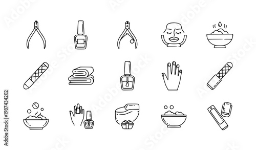 Nail care salon icons geometric outline manicure pedicure vector illustration isolated on white background