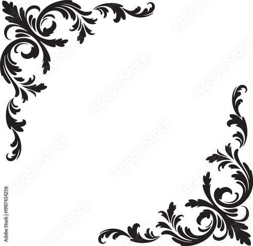 Black ornate scrollwork corner flourishes for decorative framing on a white background keywords