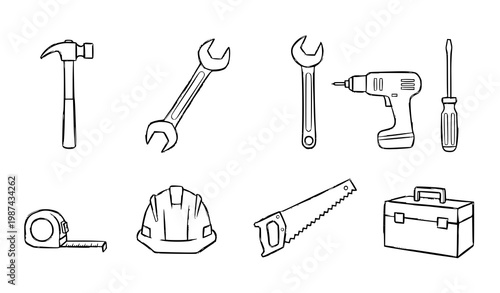 Construction tools hand drawn icon set DIY sketch vector illustration isolated on white background