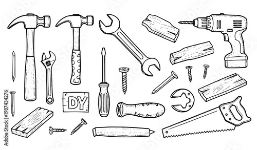 Hand drawn construction tools icon set hammer wrench drill DIY sketch vector collection isolated on white background