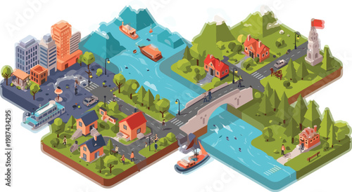 Isometric coastal city illustration with harbor, lighthouse and residential areas, detailed vector scene for urban planning, transportation, tourism and waterfront development design
