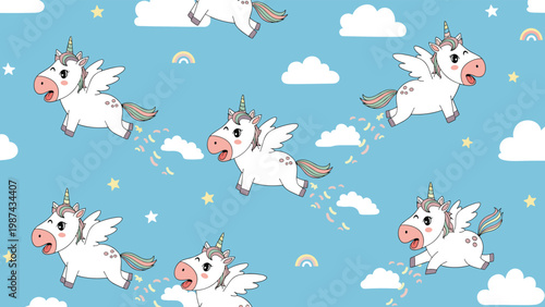 Seamless pattern with cute white pegasus characters flying among clouds stars and rainbows on a light blue background for nursery decor.