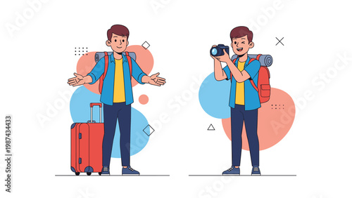 Set of two traveler man characters with backpacks and luggage taking photos and gesturing for travel adventure and tourism promotion themes.