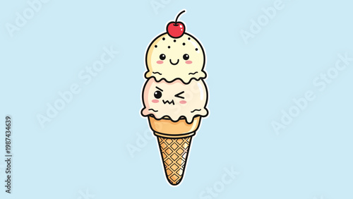 Cute double scoop ice cream cone character with happy and winking faces topped with a cherry on a light blue background for summer treats.