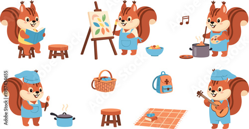 Cute cartoon squirrel character set reading painting cooking playing guitar picnic hobby activity lifestyle children illustration sticker vector collection