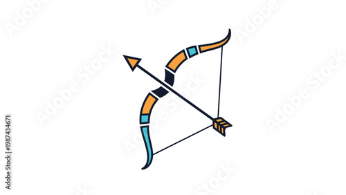 Stylized bow and arrow icon with colorful tribal patterns isolated on a white background for archery sport and ancient weaponry themes.