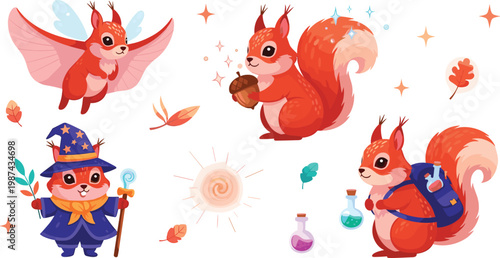 Cute cartoon squirrel characters set with fairy wings wizard hat acorn backpack magic potion adventure fantasy woodland animal sticker collection