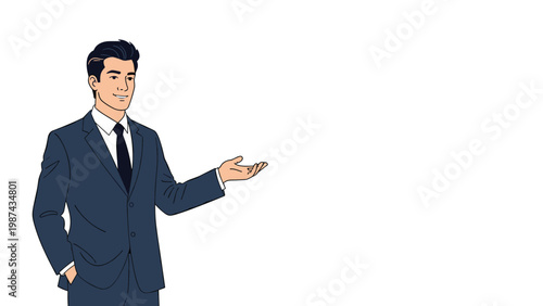Confident businessman character in a navy blue suit gesturing with his hand for corporate presentation and professional service themes.
