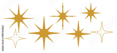 Collection of Elegant Golden Sparkling Four Point Star Icons for Creative Magic Space Design and Modern Minimalist Cosmic Decorative Set Vector