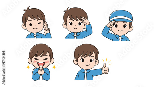 Collection of boy character illustrations with different emotions and gestures like saluting, giving a thumbs up, and winking.