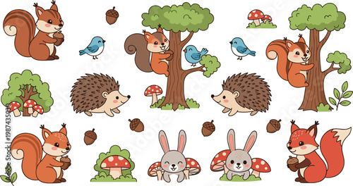 Cute cartoon woodland forest animals set with squirrel hedgehog rabbit fox bird tree mushroom acorn nature children illustration sticker collection