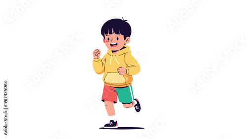 Energetic young boy wearing a yellow hoodie and colorful shorts enjoys running on a white background illustration.