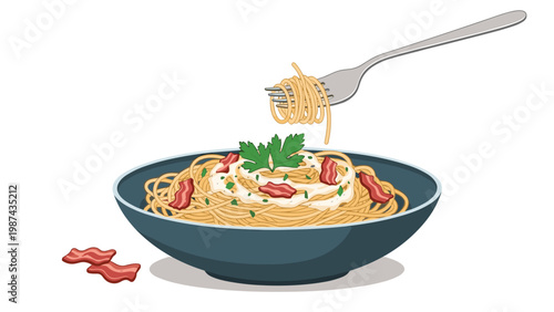 Delicious plate of spaghetti carbonara topped with crispy bacon and fresh parsley with a fork lifting some pasta.