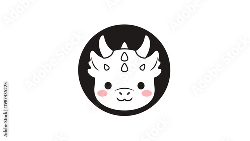 Stylized white dragon head with pink cheeks and small horns presented inside a solid black circle on a white background.