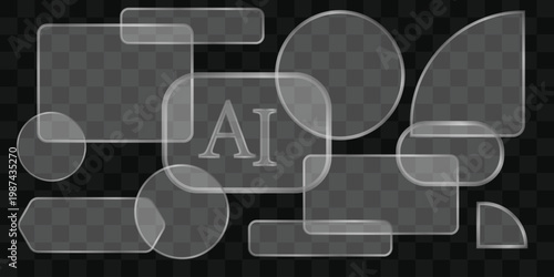 Glassmorphism UI elements with AI text, frosted glass frames and transparent panels, modern glass plates for web design and app interfaces