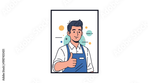 Cheerful man with dark hair wearing a white shirt and a blue apron gives a thumbs up inside a black frame.