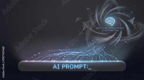 Artificial Intelligence and Automation Concept with AI Prompt Input Bar Glowing Blue Data Lines Neural Network Brain Icon Digital Technology Machine Learning Software Algorithm Background.