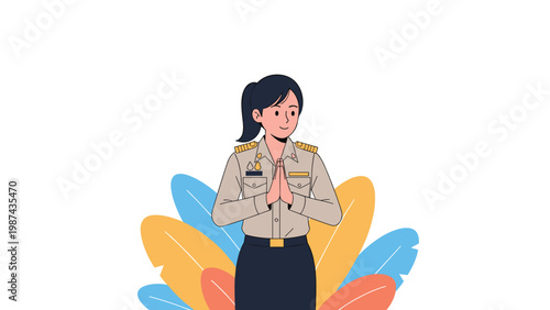 Thai woman in an official government uniform performs a traditional Wai greeting with hands pressed together.