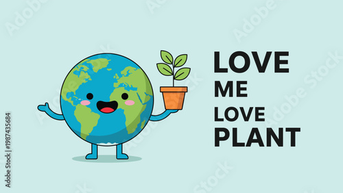 Happy earth globe mascot character holding a small potted plant to encourage environmental care and sustainability.