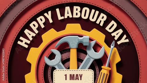 Happy Labour Day graphic with stylized worker tools and 