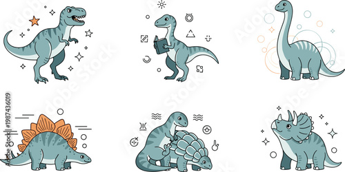 Cute kawaii dinosaur cartoon character set featuring T-rex, Brachiosaurus, Stegosaurus, Ankylosaurus, and Triceratops with geometric shapes and sparkles on white background