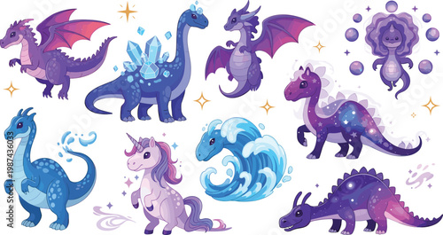 Cute kawaii fantasy dragon dinosaur and unicorn cartoon character set with crystals, magic waves, sparkles, and bubbles in purple blue on white background