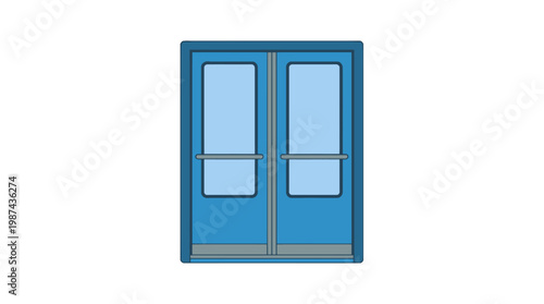 Double blue industrial metal doors with glass panels.
