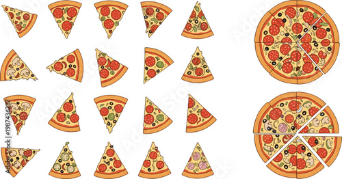 Pizza Slice Collection with Various Toppings and Whole Pizza Variations, Italian Fast Food Set with Cheese, Pepperoni, and Vegetable Flat Vector Illustration