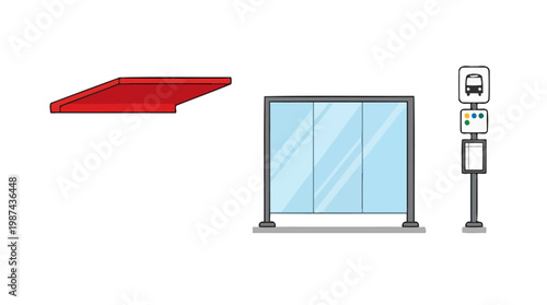 Illustration of a modern bus stop shelter and station sign.