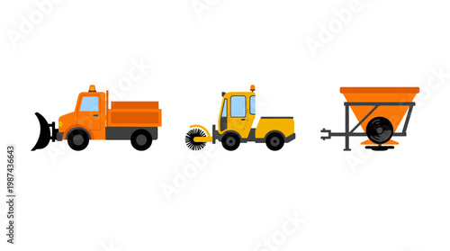 Set of construction and maintenance vehicles including snow plow and roller.