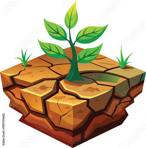 Young Green Plant Growing in Cracked Soil for Water Conservation Strategies and Eco Awareness Isolated on Transparent Background and Eco-Conscious Environmental Awareness Content