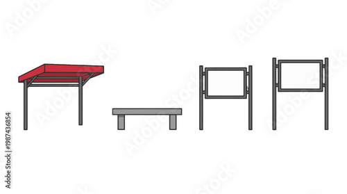 Technical schematic drawings of modern street furniture and signage.