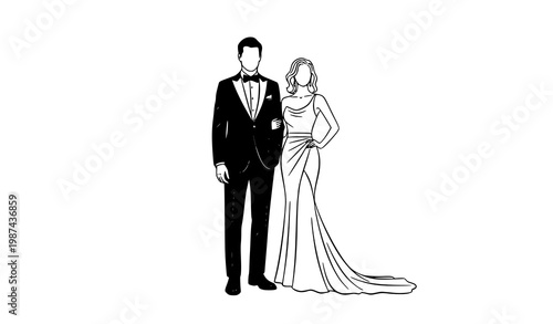 Vector silhouette of a man in tuxedo and woman in flowing evening gown for formal elegant fashion