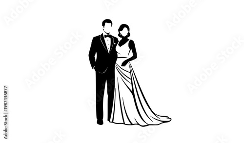 Elegant formal evening vector silhouette of a couple in tuxedo and flowing gown
