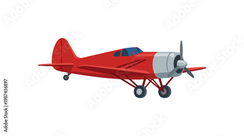 Vintage red propeller aircraft flying illustration.