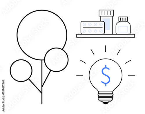 Medical innovation, healthcare costs, sustainability, pharmaceutical development, economic health, creative solutions. Abstract tree, medical containers dollar-lit light bulb. Medical innovation