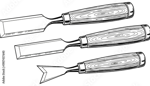 A set of three wood chisel tools with wooden handles and metal blades