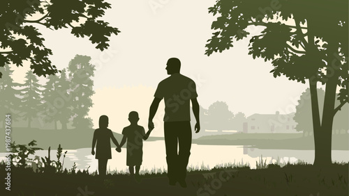 Silhouettes of two adults and a child walking along a waterfront at dusk
