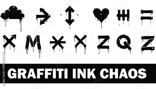 Graffiti ink chaos symbols and letters on a white background