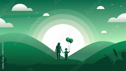 Two silhouettes walking together under an umbrella on a hillside at sunset