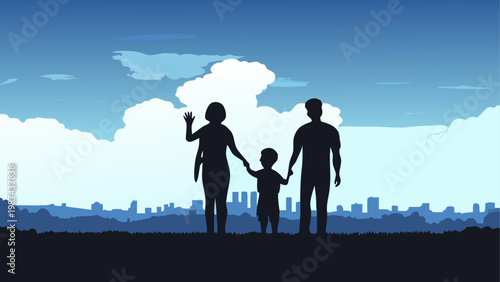 Family silhouettes enjoying a scenic cityscape at sunset from a hilltop viewpoint